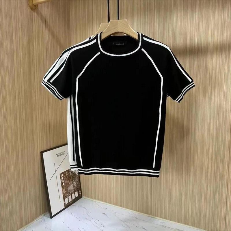 Men's Clothing Summer new ice silk thin knitted short sleeved T shirt men's comfortable breathable striped round neck contrast color pullover sweater_voghion.com