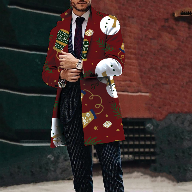 Winter New Men's Christmas Printed Woolen Medium Length Coat and Woolen Jacket_voghion.com