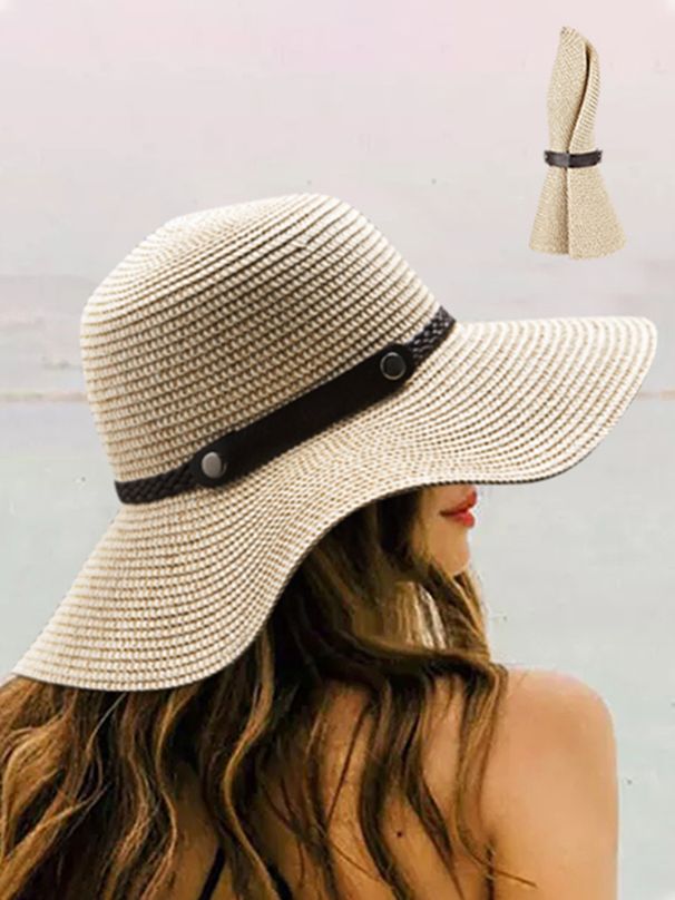 Sonnenhut aus Stroh für Damen, klassisch, flacher Strandhut, Sonnenschutz für den Sommer, Hut im Cowboy-Stil, aufgerollt, verpackbar, breite Krempe, Panamahüte_voghion.com