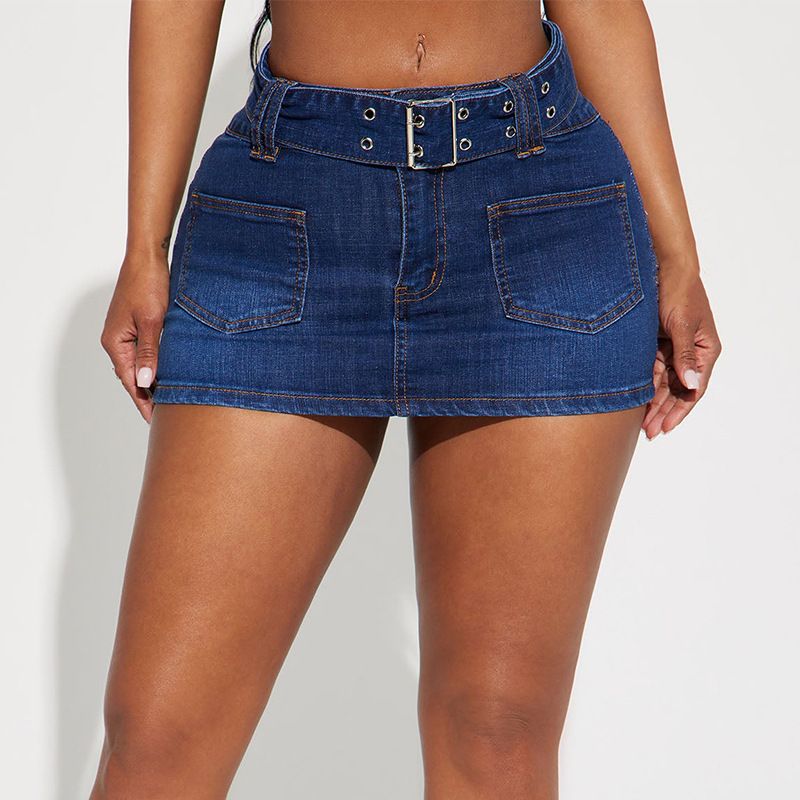 Elastischer Jeansrock, kurzer Rock mit Gürtel_voghion.com