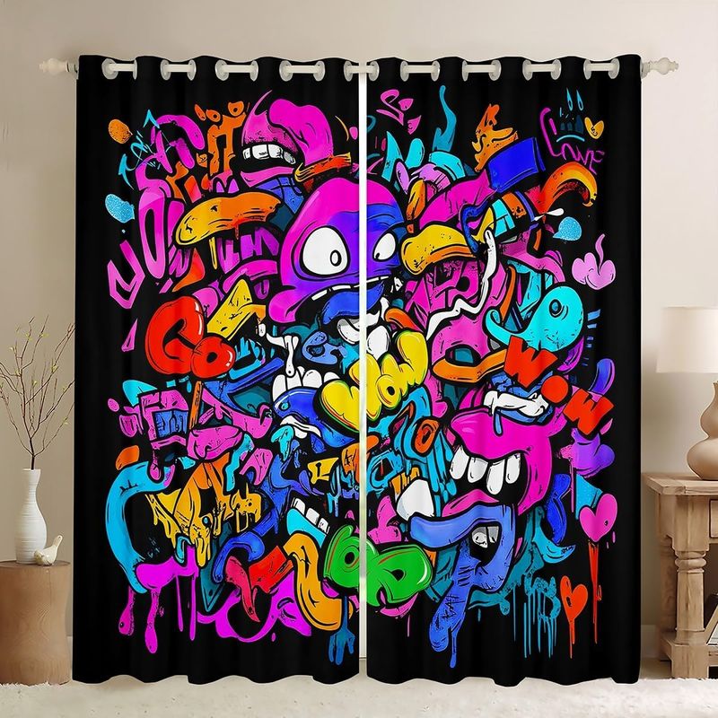 Hippie Graffiti Curtains For Kids Boys Girls Teens Hip Hop Window Curtains Graffiti Graphic Pattern Blackout Darkening Curtain Street Culture Window_voghion.com