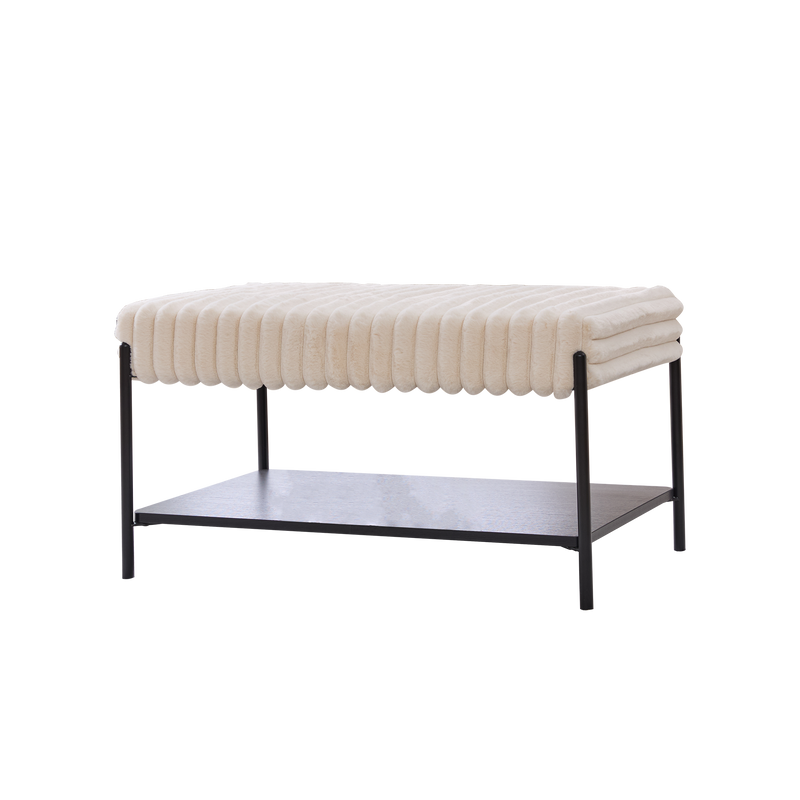 30.7" Upholstered Round Ottoman Coffee Table With Faux Fur Top, Open Wooden Storage Shelf, And Black Metal Legs – Modern Footrest_voghion.com