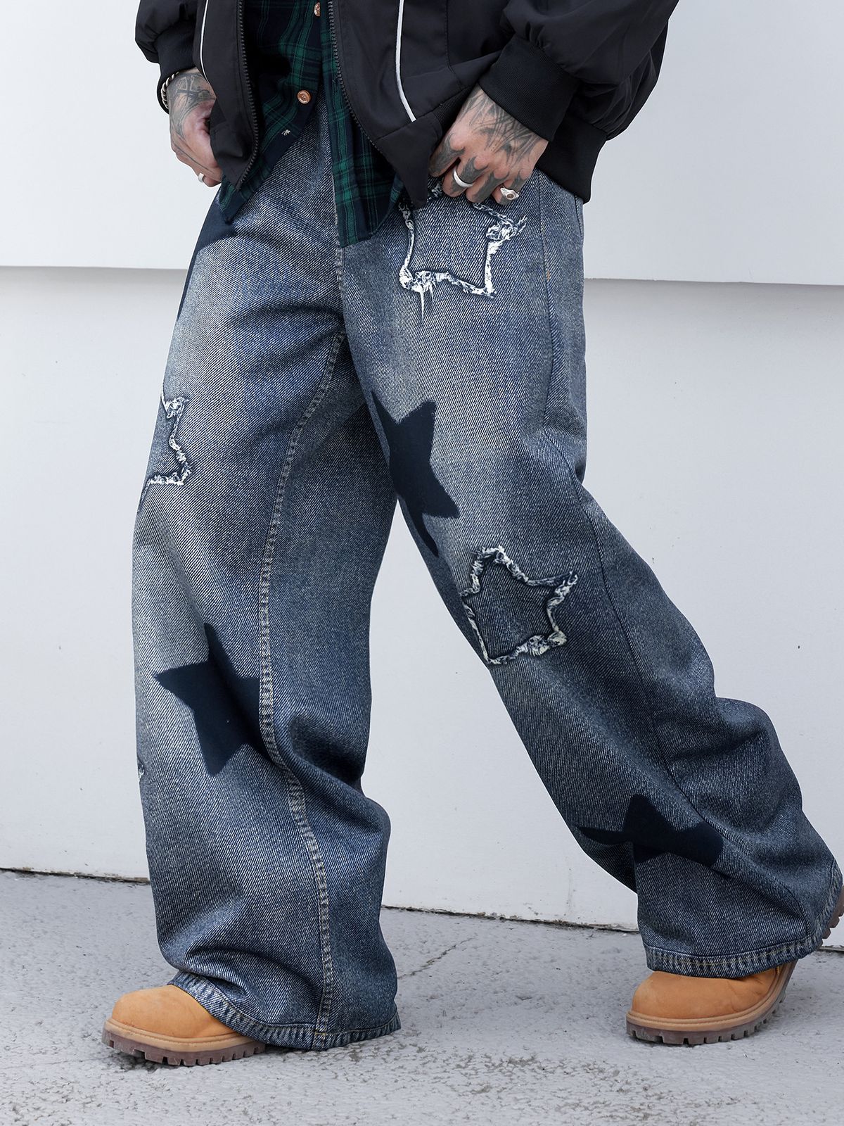 Retro-Jeans mit weitem Bein für Herren – Hip-Hop-Streetwear-Jeanshose mit Patchwork-Design (Unisex-Oversize-Vintage-Hose)_voghion.com