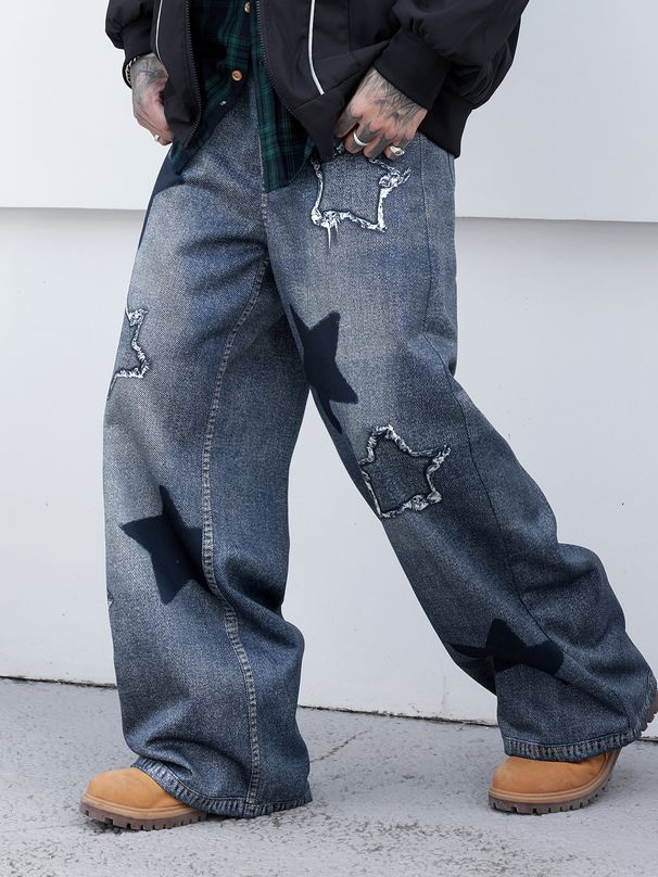 Retro-Jeans mit weitem Bein für Herren – Hip-Hop-Streetwear-Jeanshose mit Patchwork-Design (Unisex-Oversize-Vintage-Hose)_voghion.com