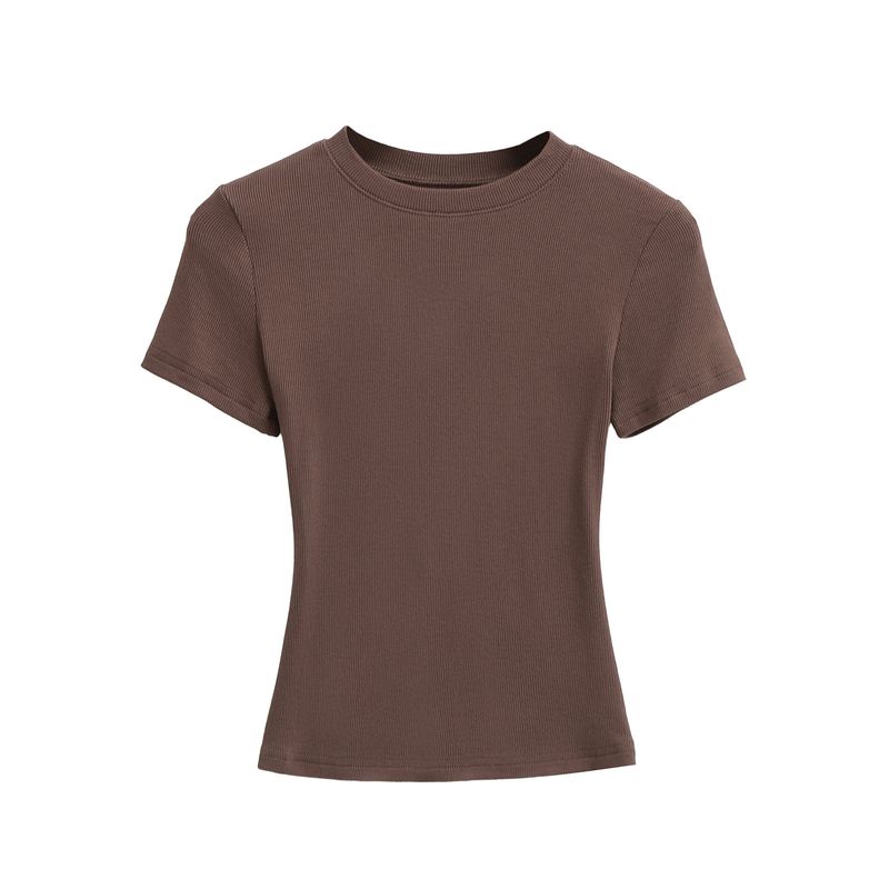 Women's Clothing Thread Tight Short Sleeved T Shirt Women's Summer Slim Round Neck Solid Color Elastic Sports Top_voghion.com