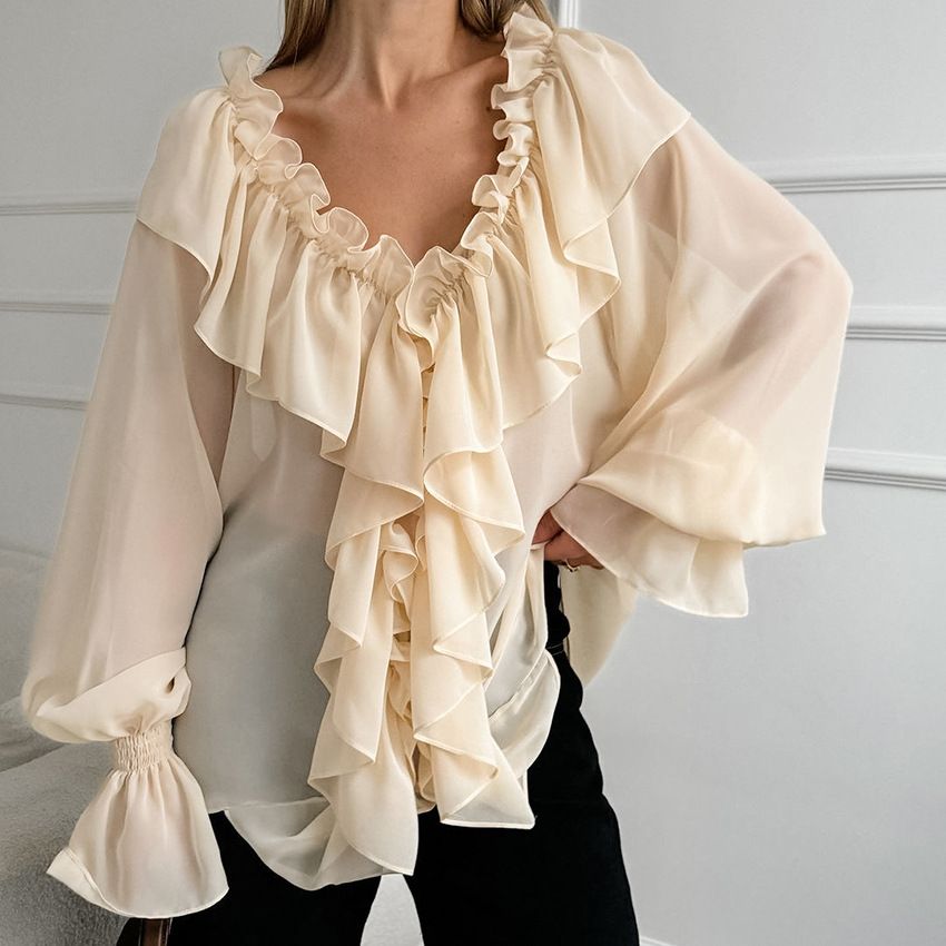 Primavera nuova camicia in chiffon con scollo a V e maniche a palloncino con volant moda all'ingrosso top da donna_voghion.com