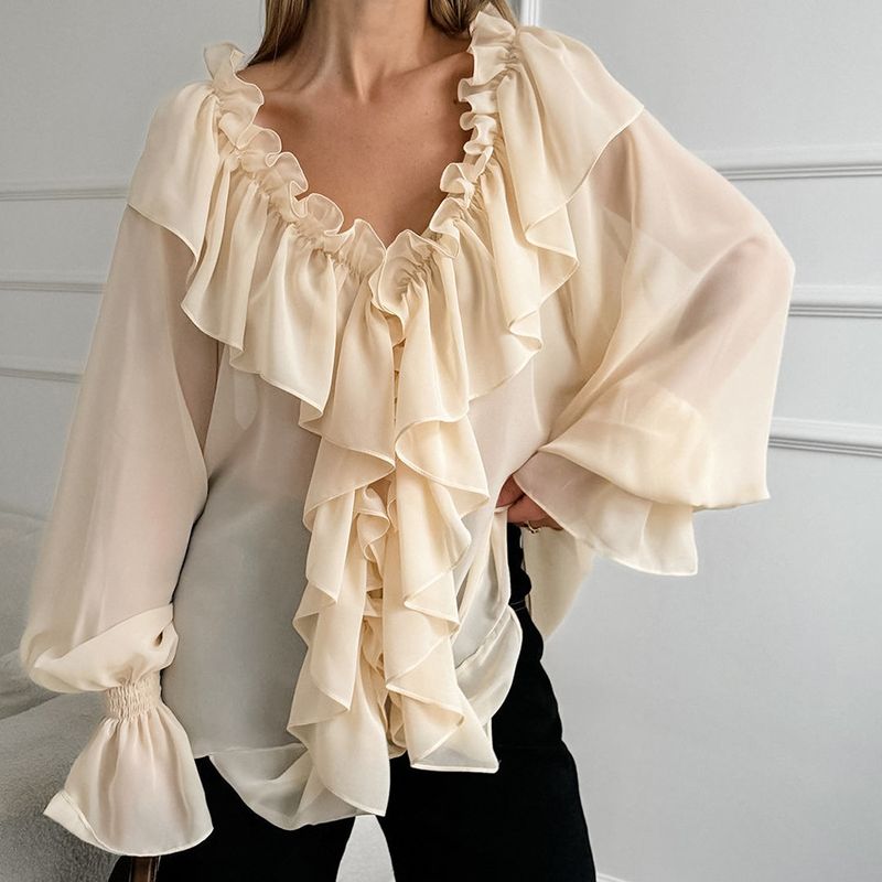Primavera nuova camicia in chiffon con scollo a V e maniche a palloncino con volant moda all'ingrosso top da donna_voghion.com