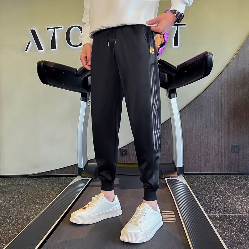 Men's Clothing style men's casual pants autumn and winter plus velvet trend three bar slim fit elastic slim fit sports sweatpants_voghion.com