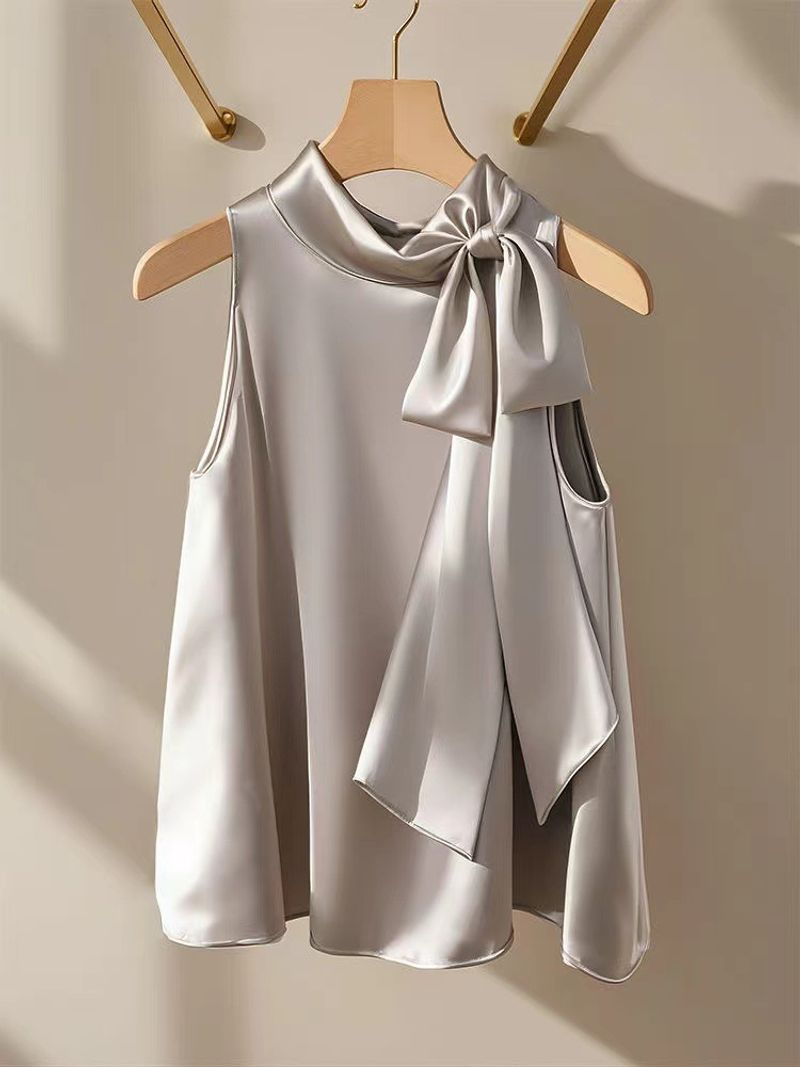Vêtements pour femmes haut de gamme léger luxe satin licou col nœud papillon chemise été nouveau style tempérament niche pull sans manches haut à bretelles_voghion.com