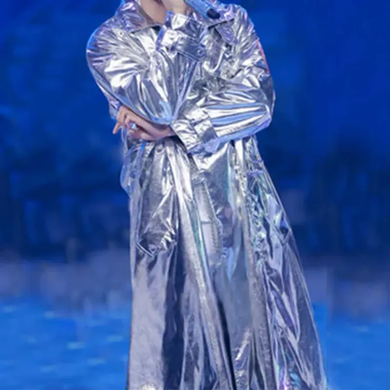 Men's Faux Mauroicardi Spring Autumn Long Shiny Sier Patent Leather Trench Coat for Men Sashes Cool Designer Clothes_voghion.com