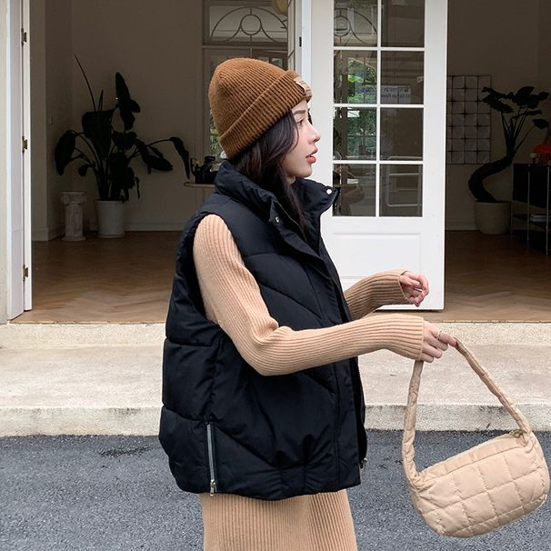 Doudoune sans manches matelassée pour femme - Veste d'hiver chaude à col montant, coloris noir/crème/kaki/citrouille | Tailles M à 2XL_voghion.com