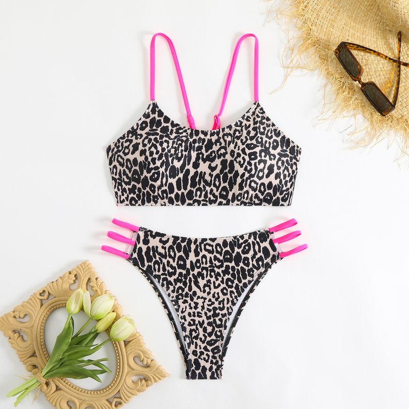 Women's Clothing Bikini Suits Sexy Leopard Print Multi String Hollow Swimsuit Bikini_voghion.com