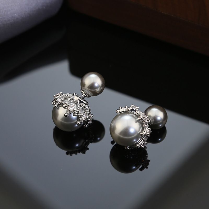 Nuovi orecchini a bottone in argento con perla a corona anteriore e posteriore, di lusso, in stile francese, dal design unico_voghion.com