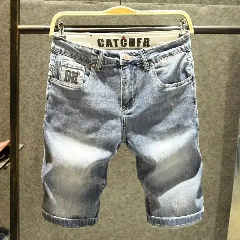 Pantaloncini estivi in denim a vita media, tendenza Ige Brand, stampa vintage retrò, lavaggio stile coreano, snelli, silhouette liscia, minuti, uomo_voghion.com