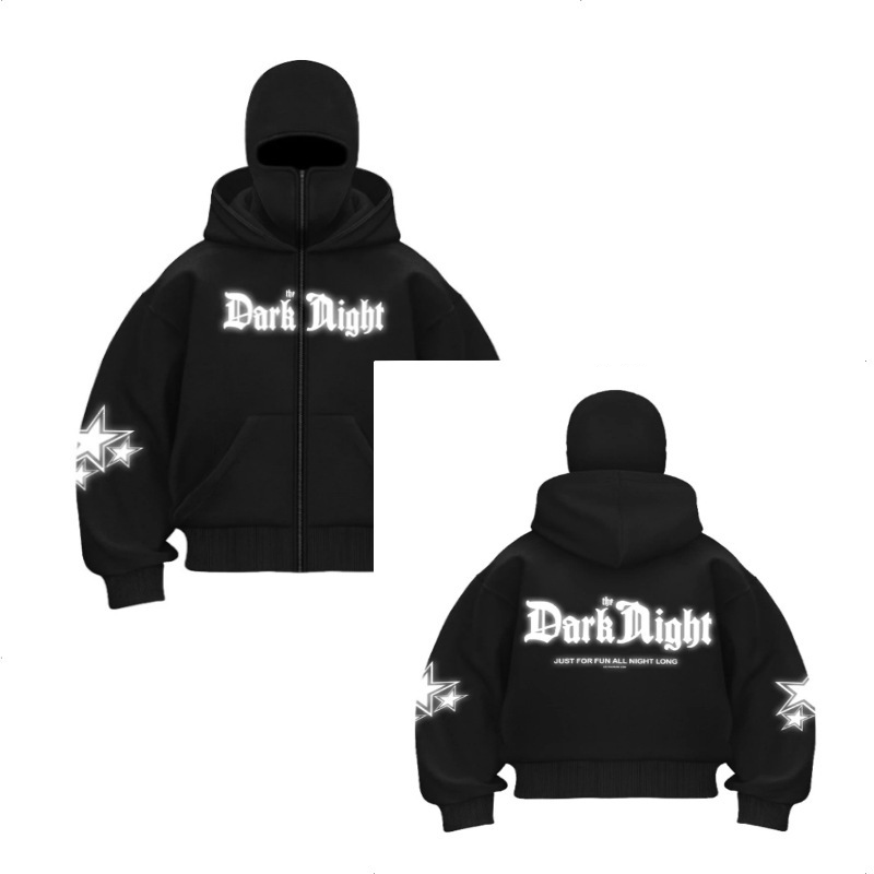 Unisex Zip-Up Hoodie With Balaclava & Double Hood - Streetwear Pullover Jacket In Black, Oversized Fit For Urban Style_voghion.com