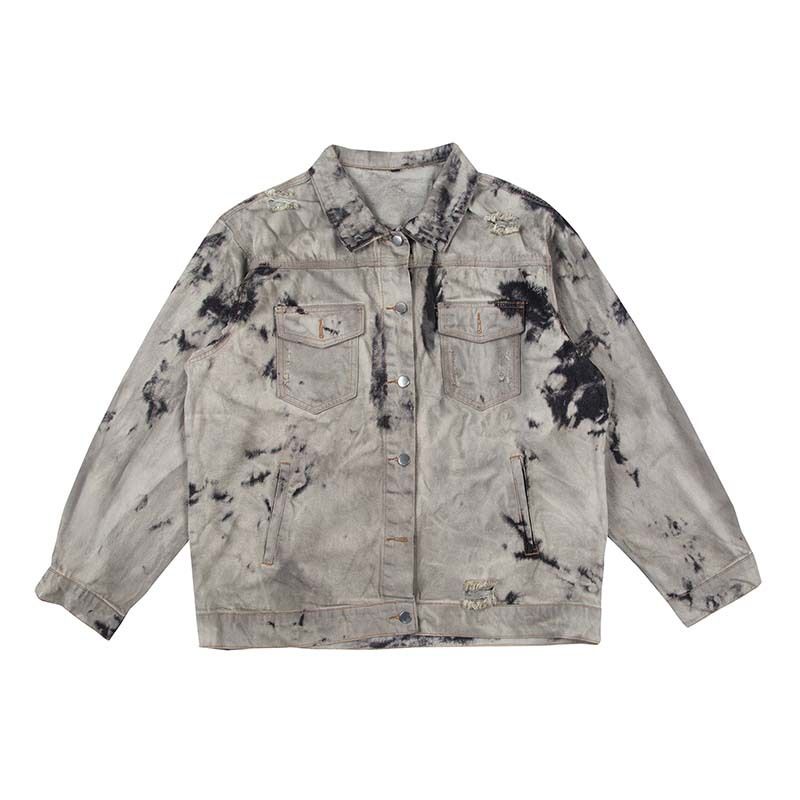 Erkek Giyim retro kravat boyalı yıkanmış eskitilmiş yaka kot ceket erkekler için marka bol gündelik sokak stili havalı ceket_voghion.com