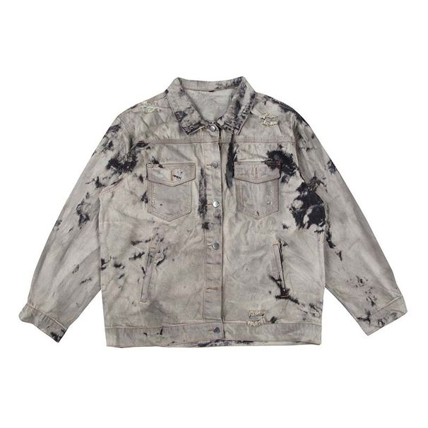 Erkek Giyim retro kravat boyalı yıkanmış eskitilmiş yaka kot ceket erkekler için marka bol gündelik sokak stili havalı ceket_voghion.com