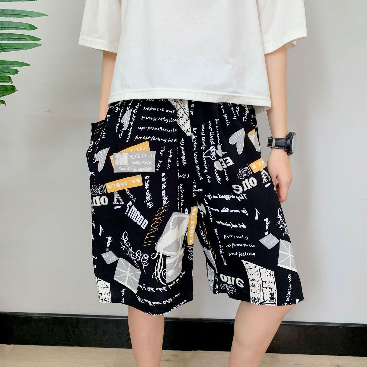 Herr sömn bomull siden pyjamasbyxor herr tunna plus-storlek fritidsbyxor blommor som andas fem fjärdedels byxor_voghion.com