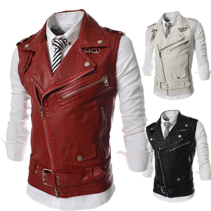 Chaleco de cuero con solapa para hombre, versión coreana, chaqueta sin mangas de cuero PU ajustada, chaleco de cuero con múltiples cremalleras para hombre_voghion.com