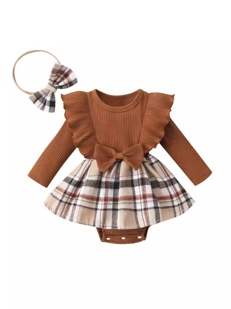 Baby clothing cartoon bear print long sleeve triangle dress + plaid skirt + headband_voghion.com