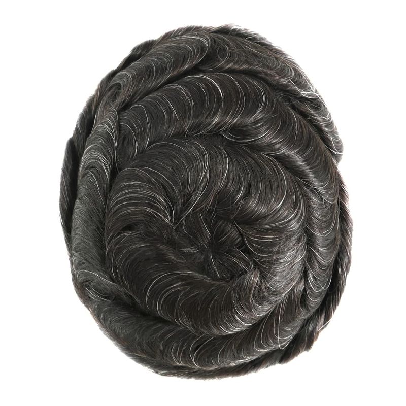 Durable Skin Knotted Toupee For Men Human Hair Replacement System 0.12-0.14mm PU Base Hair Pieces Natural Hairline Wig Black With 10% Grey Color #1B10_voghion.com
