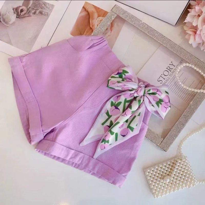 Mother & Kids Children's Clothing Summer 2024 New Girls' Stylish Sweet Three-dimensional Flower Short-sleeved Ribbon Violet Shorts Two-piece Suit_voghion.com