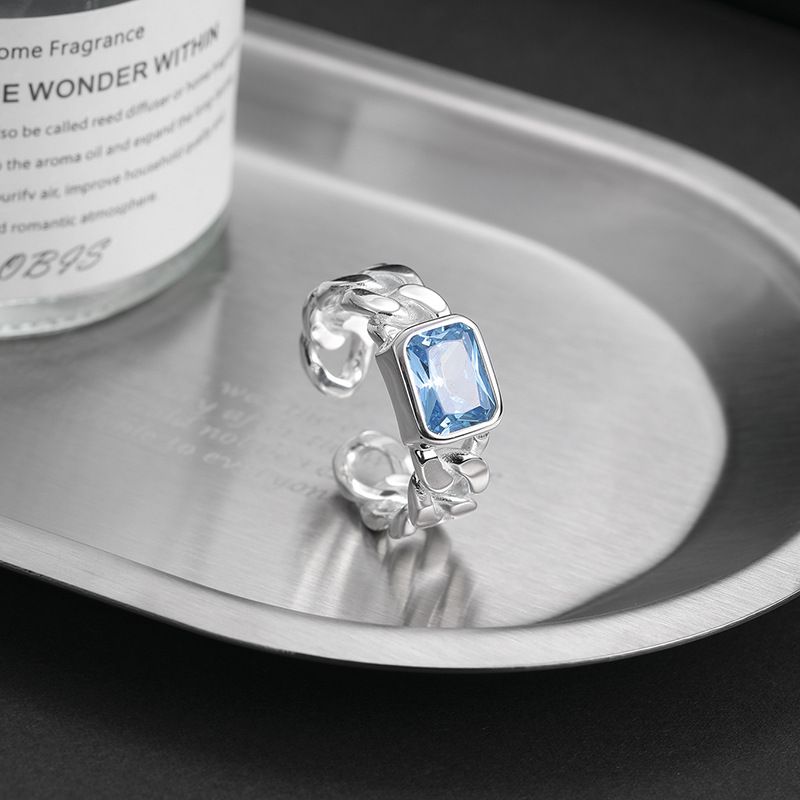 High Quality S Pure Silver Navy Blue Heavy Industry Square Diamond Open Exaggerated Cuban Chain Ring Earrings_voghion.com