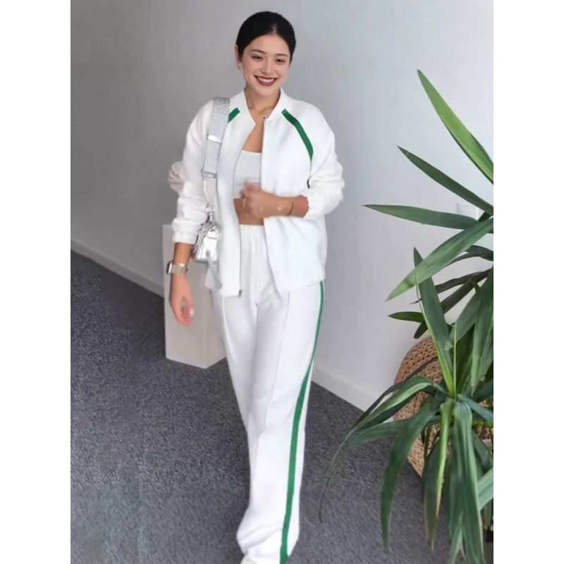 Lässiges zweiteiliges Set für Damen, Frühlings-Loungehose mit Streifen und Farbblock – Bequemer, dehnbarer Jogginganzug aus Polyester für Sport, Reisen und den Alltag_voghion.com