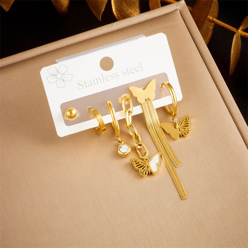 Orecchini gioielli cerchio farfalla nappa catena non corrispondenti in acciaio al titanio placcato oro moda coreana a sei pezzi_voghion.com