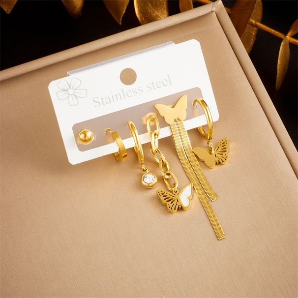 Orecchini gioielli cerchio farfalla nappa catena non corrispondenti in acciaio al titanio placcato oro moda coreana a sei pezzi_voghion.com