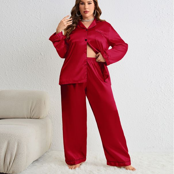 Damen Nachtwäsche Eisseide Dünne Langarmhose Strickjacke Seide Übergröße Sexy Homewear Set_voghion.com
