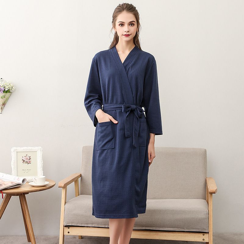 Spring and summer bathrobe women's thin waffle couple nightgown men and women summer three quarter sleeve Korean version bathrobe absorbent_voghion.com