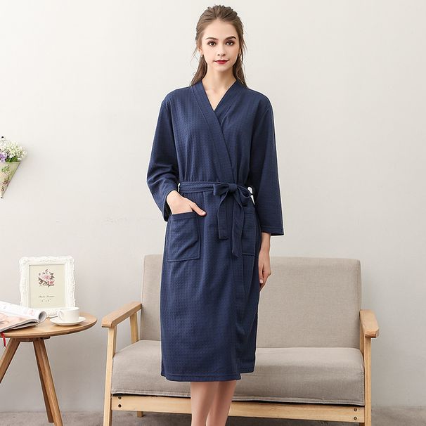 Spring and summer bathrobe women's thin waffle couple nightgown men and women summer three quarter sleeve Korean version bathrobe absorbent_voghion.com