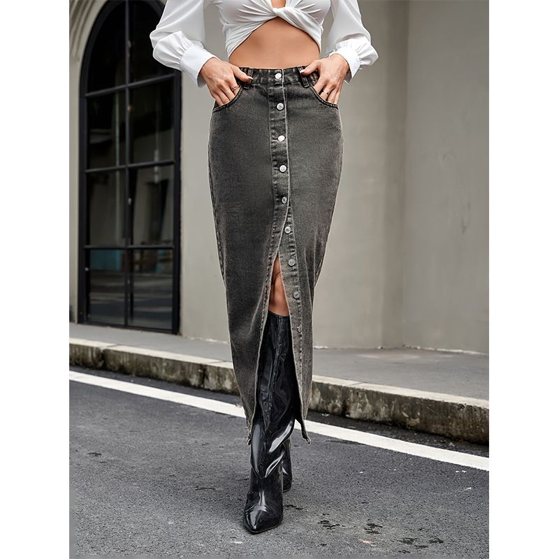 Damenbekleidung Retro Trend Multi Button Denim_voghion.com