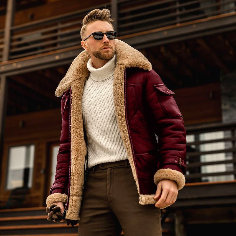 men's large size frosted veet plain composite leather jacket thick woolen coat_voghion.com
