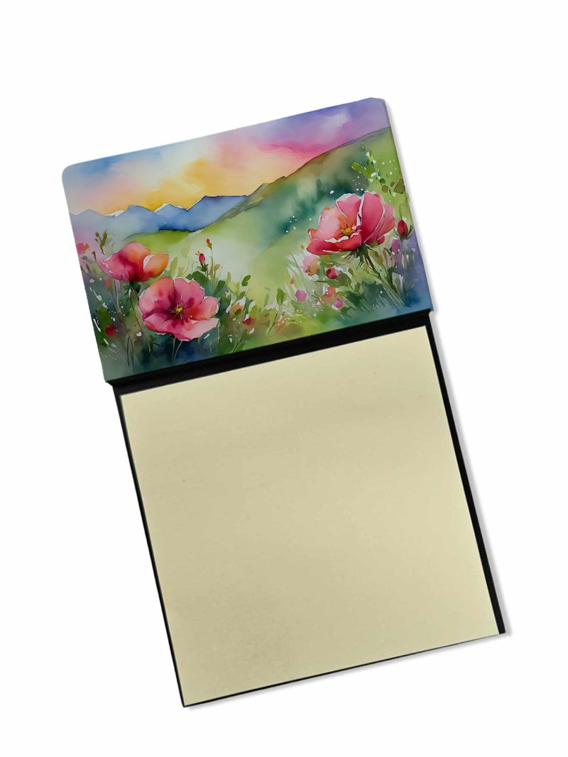 NEW North Dakota Wild Prairie Roses in Watercolor Sticky Note Holder Refillable Dispenser Self-Sticky Note Pads, Memo Pads Blank Desk Accessories_voghion.com