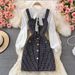 Women's temperament bow tie shirt two-piece suit tweed plaid suspender dress_voghion.com