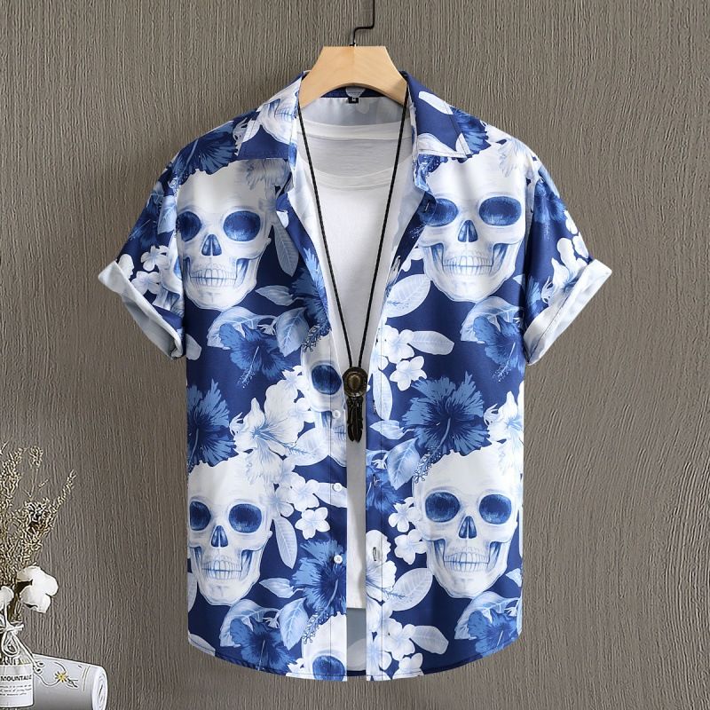 Herrenbekleidung Punk Retro Style Herren Hellblau Totenkopf Digitaldruck Kurzarmhemd Herrenhemd 2023 Sommer Heiß_voghion.com