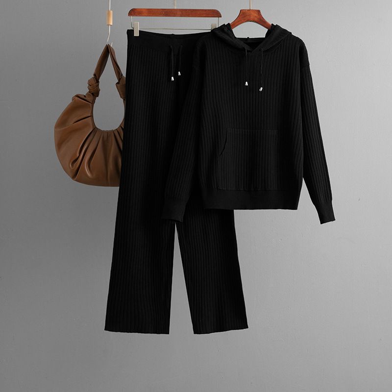 Strick-Lounge-Set für Damen – Kapuzenpullover und Hose, zweiteilig (Einheitsgröße, Baumwollmischung, Schwarz/Beige/Khaki, minimalistische Herbstkollektion)_voghion.com