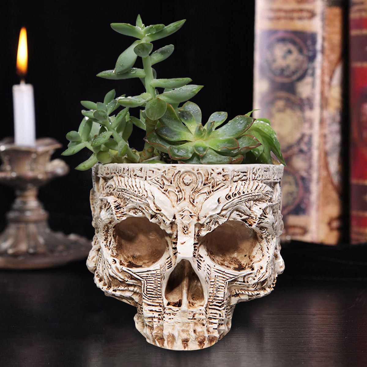 Totenkopf Übertopf - Gothic Halloween Blumentopf Sukkulenten Behälter mit Abflussloch Keramik Geschenk Dekor_voghion.com