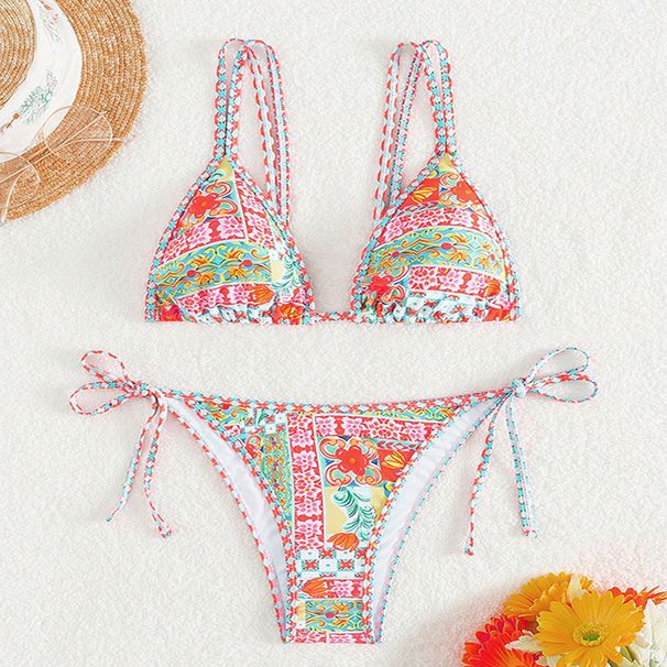 Traje de baño de bikini sexy con tirantes estampados nuevo traje de baño dividido con cordones de gama alta para mujer_voghion.com