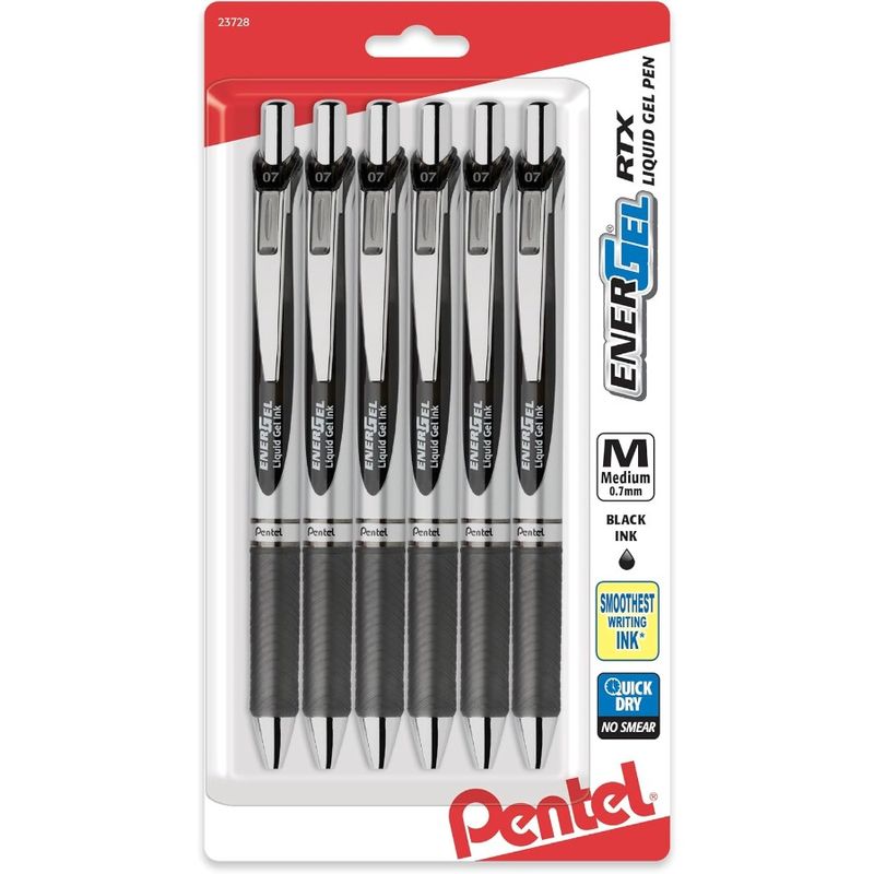 EnerGel RTX Retractable Liquid Gel Pen 0.7mm Medium Line Metal Tip Black Ink Pack Of 6 (BL77BP6A)_voghion.com