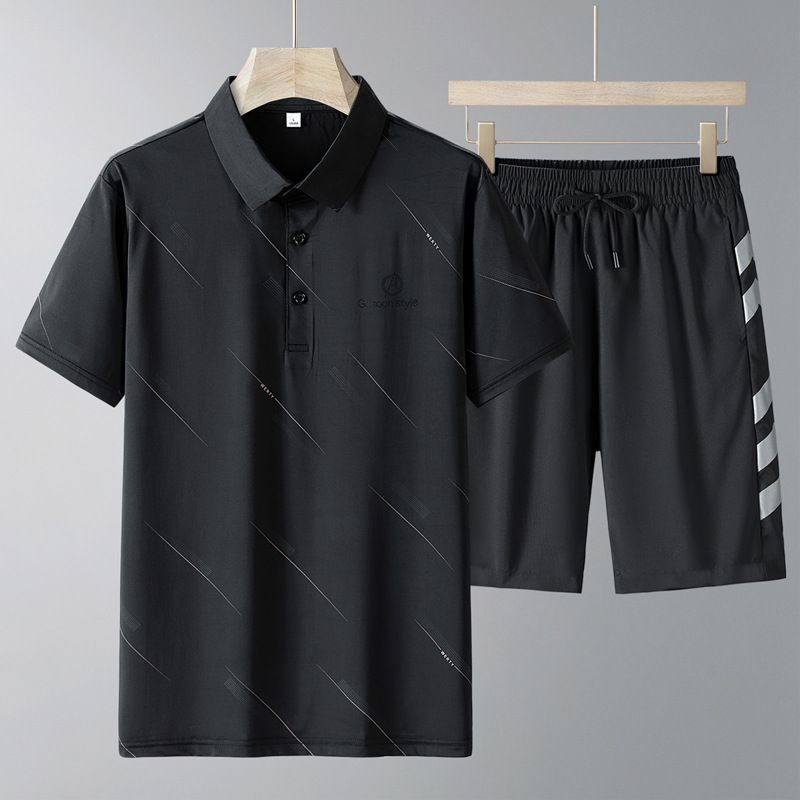 Nuova tuta sportiva per il tempo libero da uomo Polo in seta di ghiaccio per anziani e mezza età Pantaloncini in seta di ghiaccio a maniche corte da uomo Abito in due pezzi_voghion.com