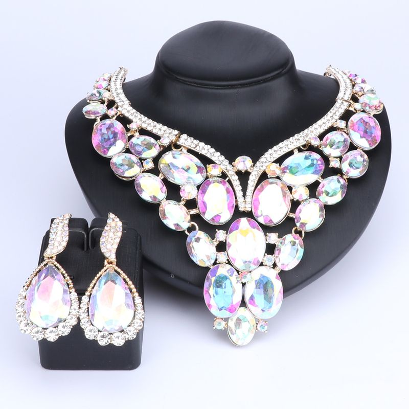Kristall Ohrringe Halsketten Sets Gold Farbe Schmuck Sets für Frauen Geometrisches Design Hochzeit Schmuck Sets_voghion.com
