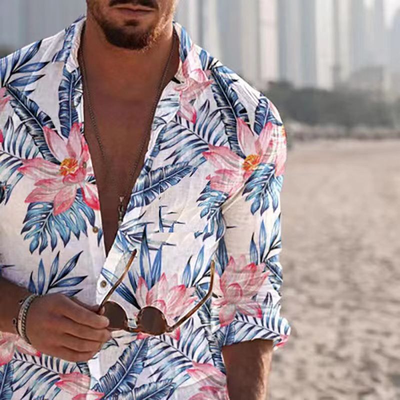 Camicia casual da uomo a maniche lunghe in cotone e lino con motivo a foglie di spiaggia, comoda camicia in cotone e lino_voghion.com