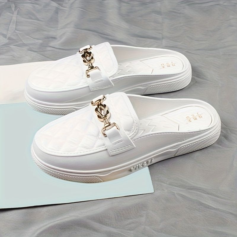 Women's Buckle Decor Flat Mules, Fashion Round Toe Slip On Slide Sandals, All-Match Daily Outdoor Slides_voghion.com