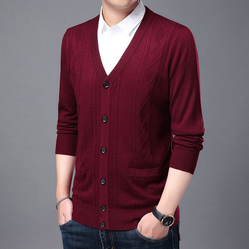 Cardigan da uomo in maglia con scollo a V, motivo a trecce, manica lunga, vestibilità comoda e casual (nero, bordeaux, blu navy, grigio)_voghion.com