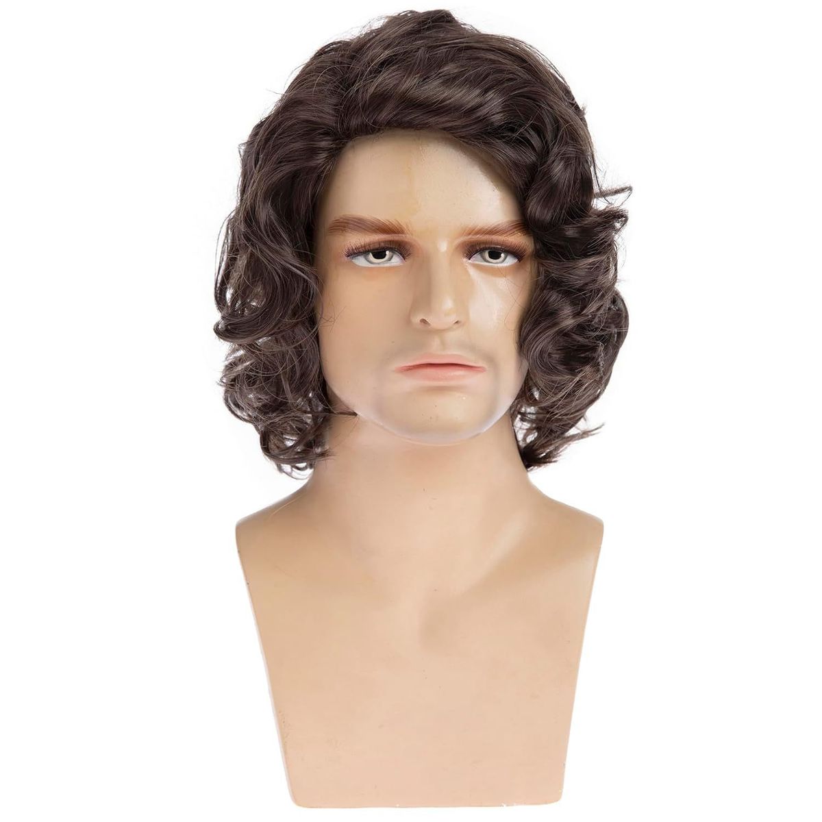 Peruca masculina marrom de comprimento médio cacheada - peruca de cabelo sintético resistente ao calor - onda natural que cobre toda a cabeça para uso diário/festa/dramático_voghion.com