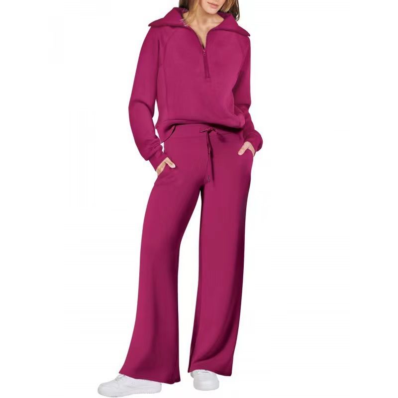 2025 Autumn Winter Fashion Casual Sports Suit Zipper Long Sleeve Sweatshirt Wide Leg Pants Two-Piece Set For Women_voghion.com