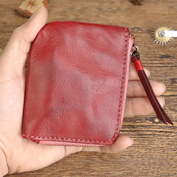 Head layer cowhide wallet, women's zippered coin bag, handmade coloring and vintage vegetable tanned leather zero wallet_voghion.com